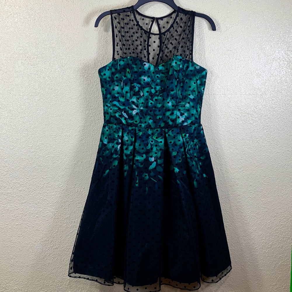 dressbarn Party Dress  8 Green Black Polka Dots Sleeveless Back Zipper Weddings